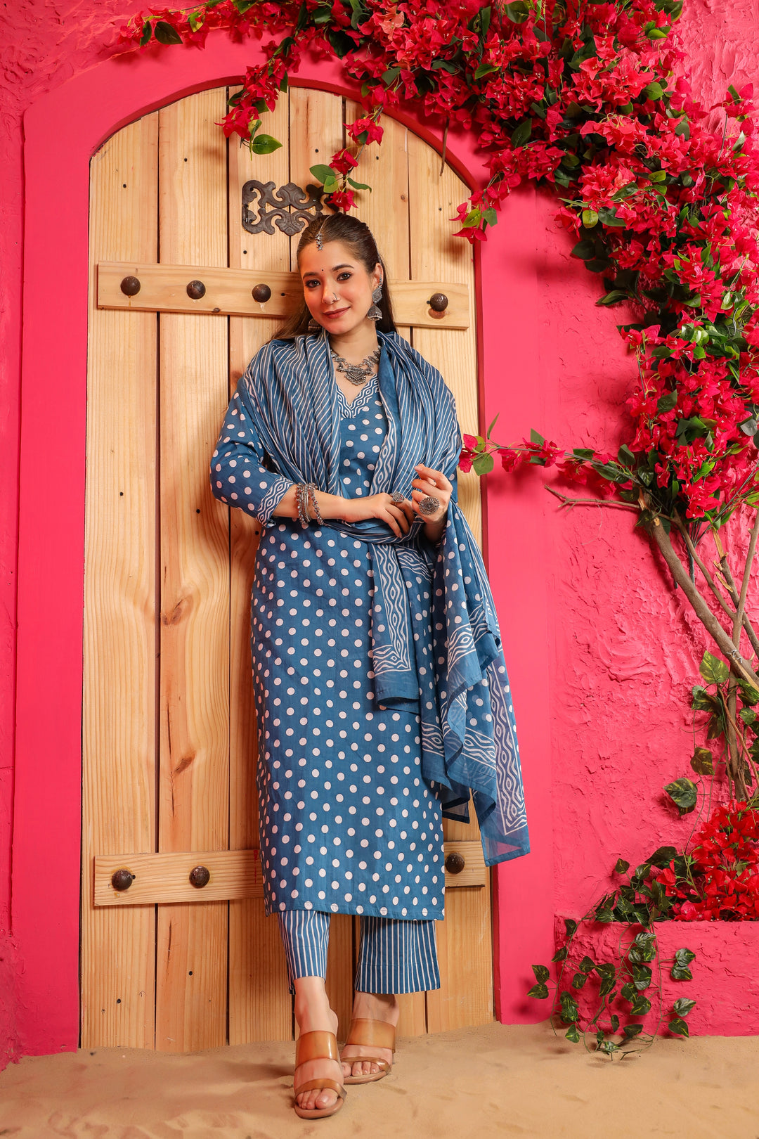 Blue Polka Straight Suit Set