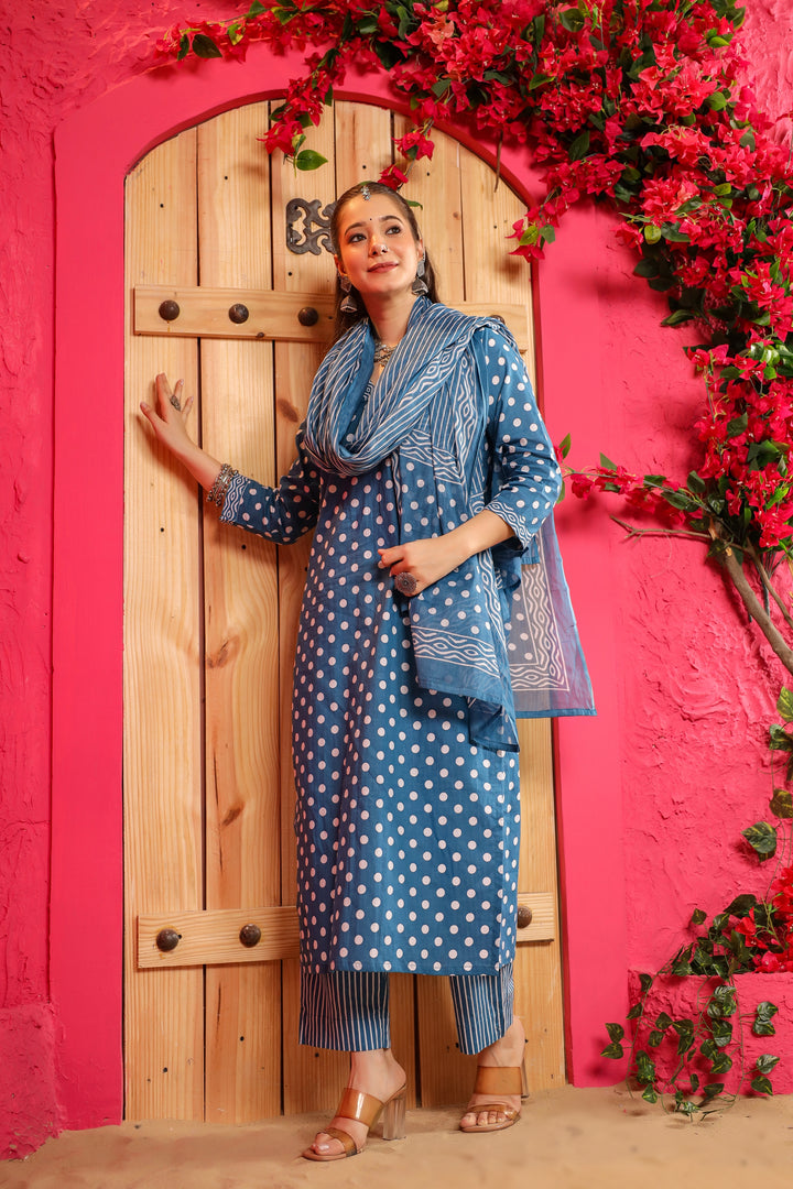 Blue Polka Straight Suit Set