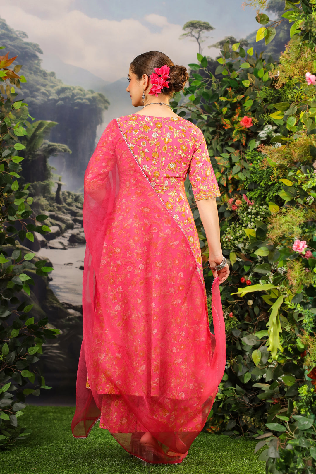 Coral Pink Anarkali Cotton Suit Set