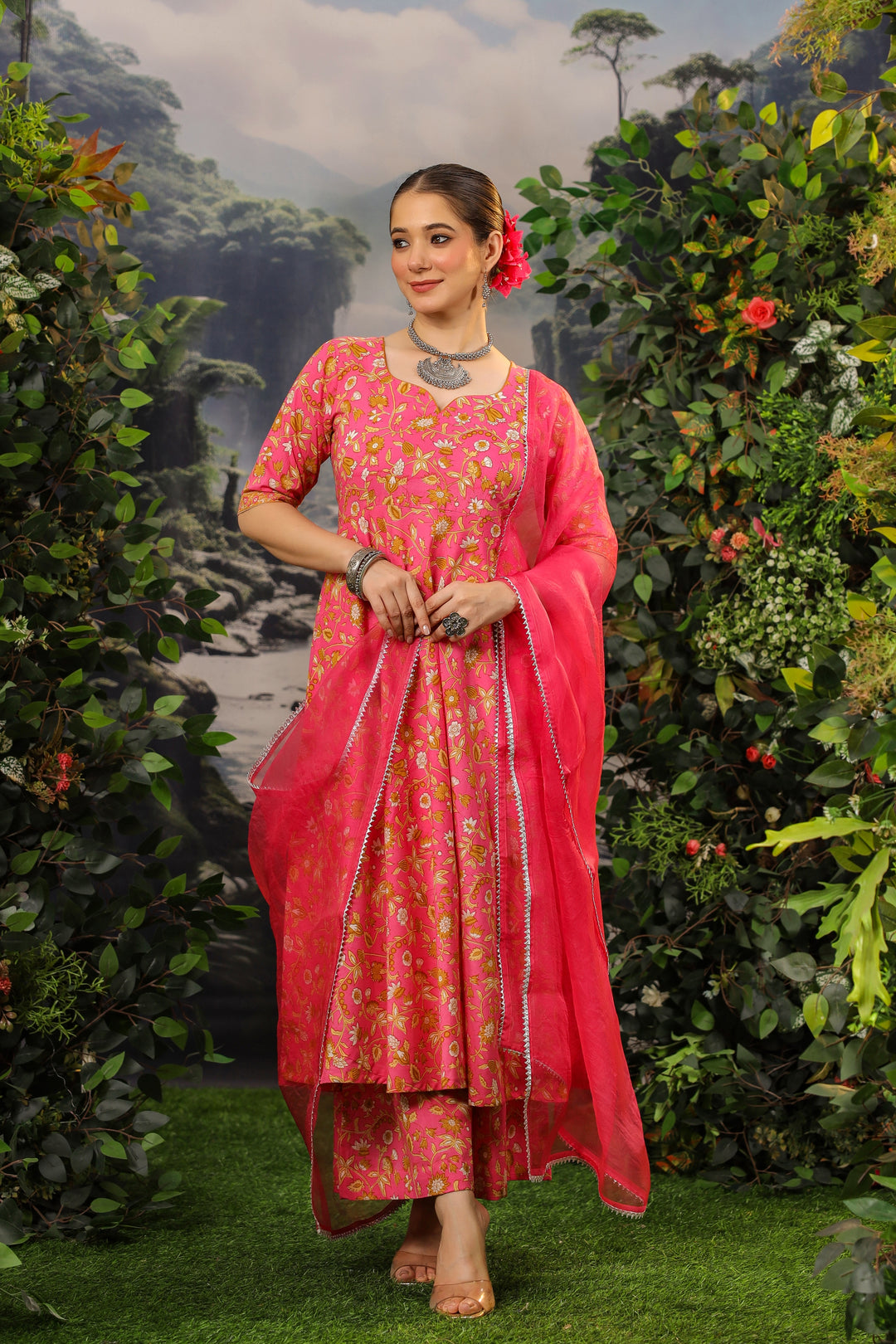 Coral Pink Anarkali Cotton Suit Set