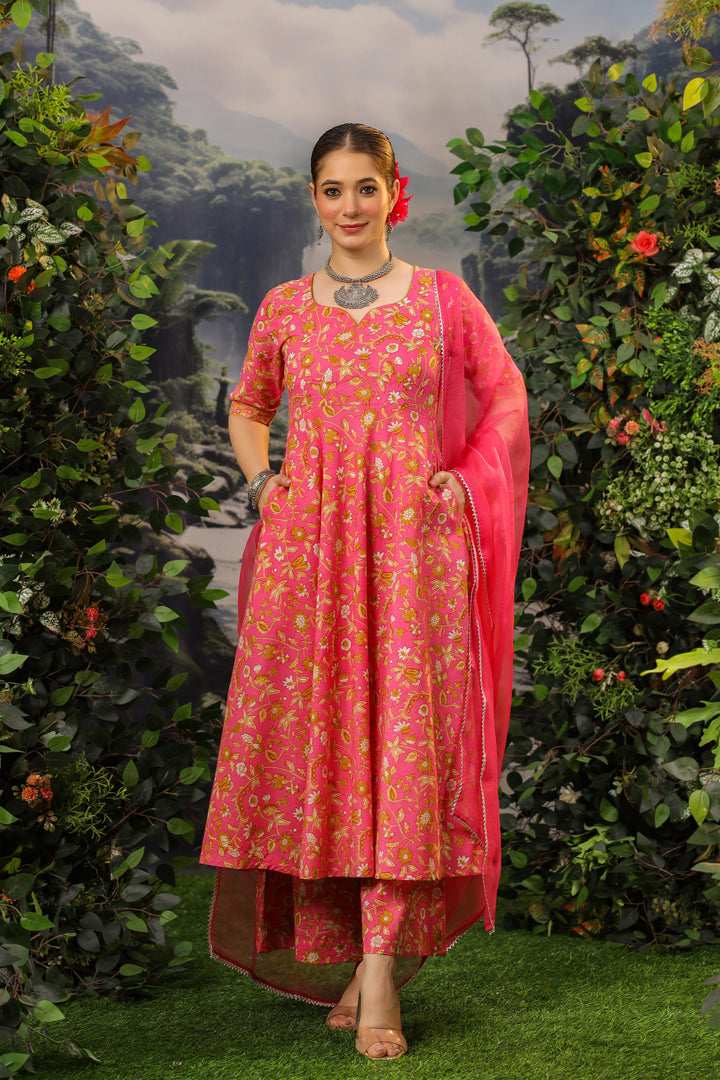 Coral Pink Anarkali Cotton Suit Set