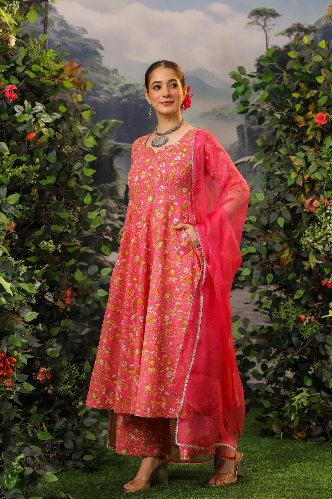 Coral Pink Anarkali Cotton Suit Set