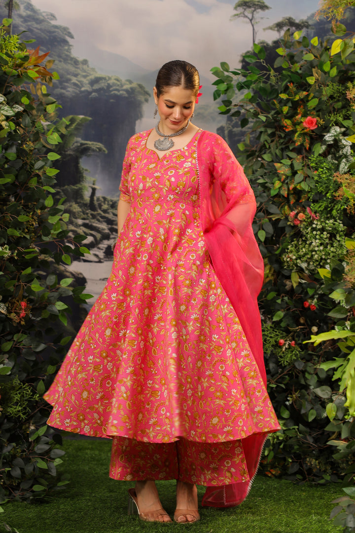 Coral Pink Anarkali Cotton Suit Set