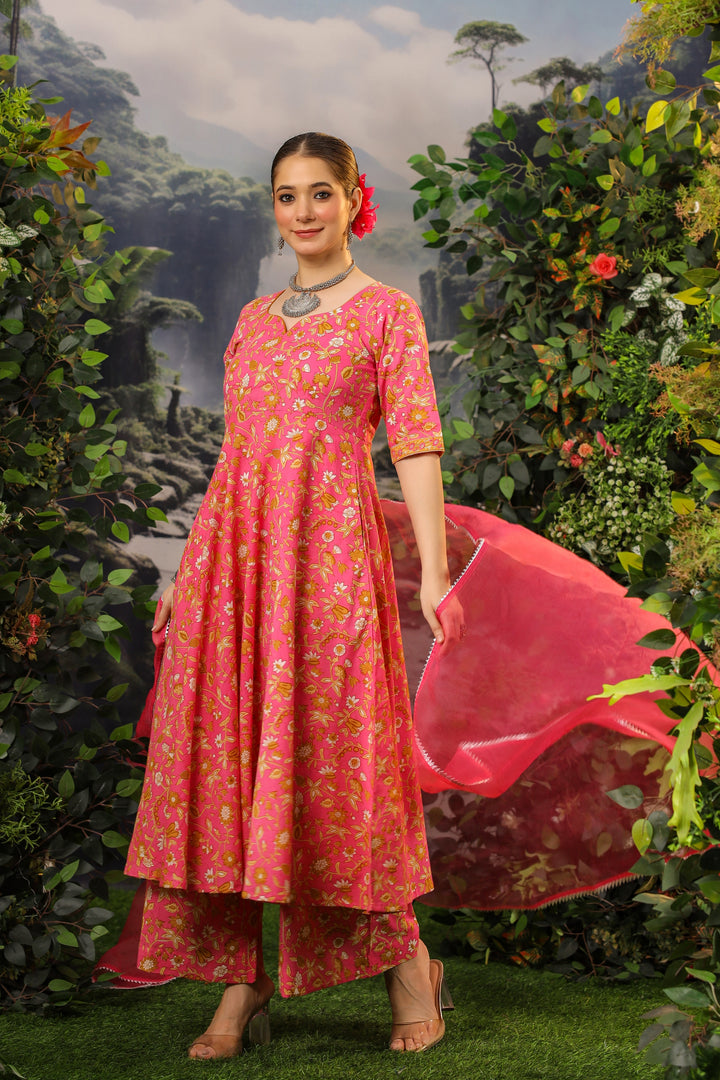 Coral Pink Anarkali Cotton Suit Set