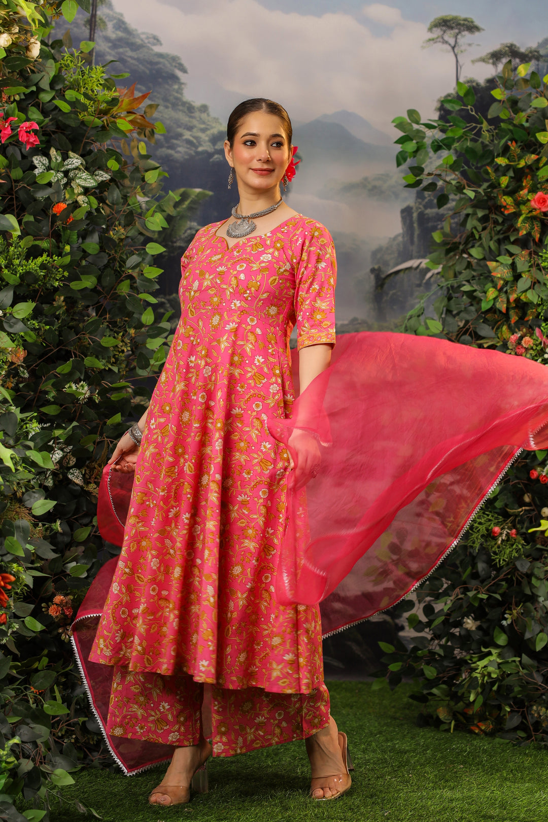 Coral Pink Anarkali Cotton Suit Set