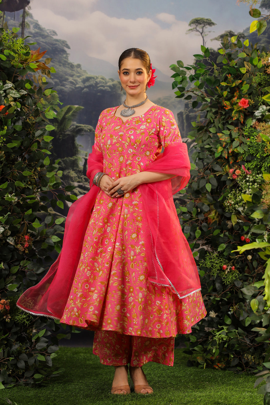 Coral Pink Anarkali Cotton Suit Set