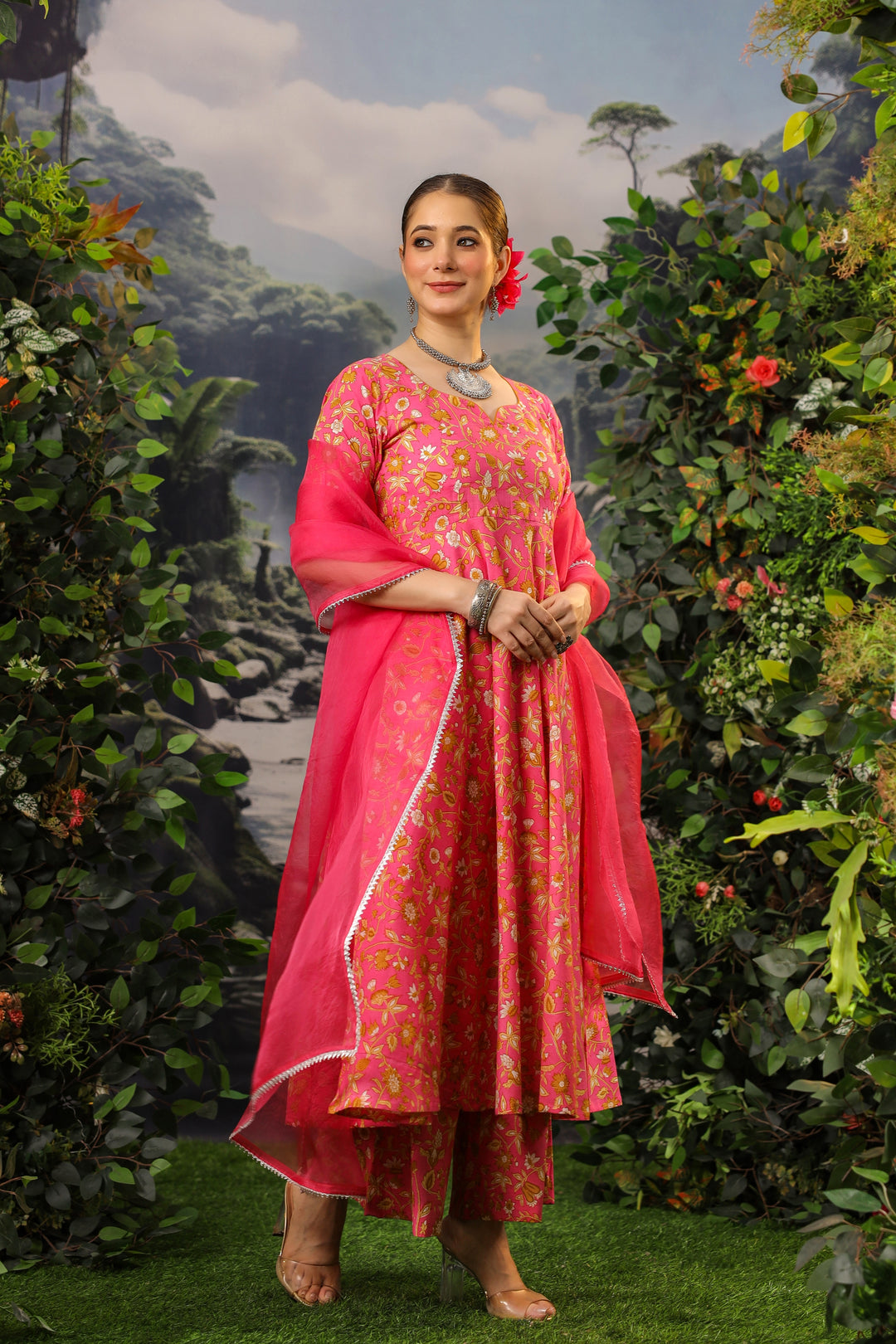 Coral Pink Anarkali Cotton Suit Set