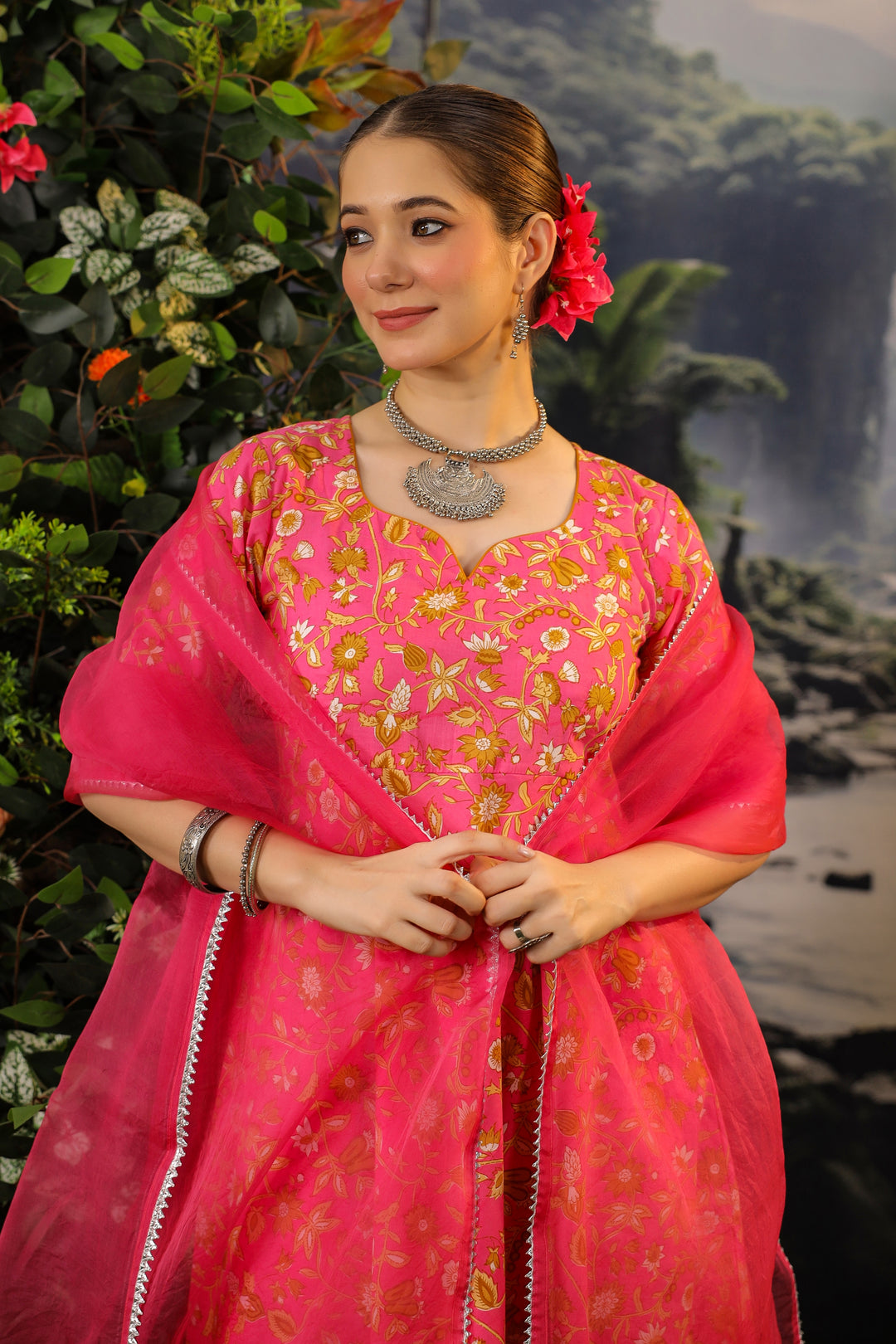 Coral Pink Anarkali Cotton Suit Set