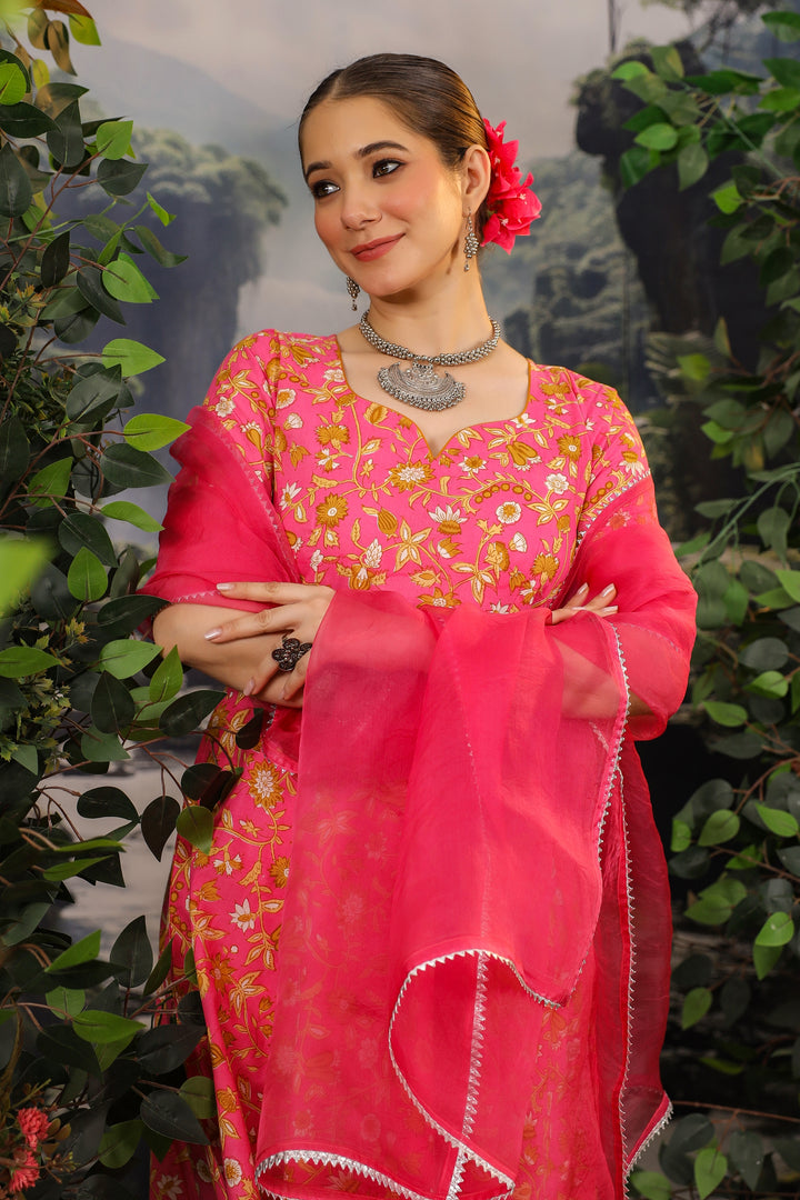 Coral Pink Anarkali Cotton Suit Set