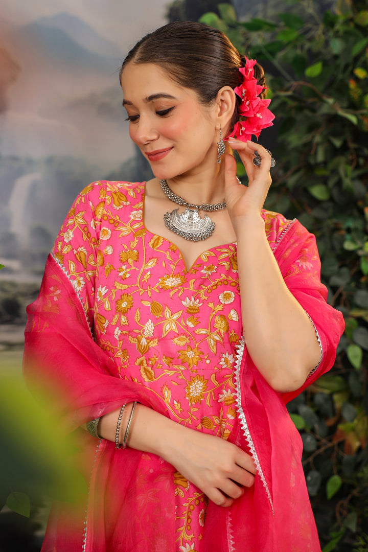 Coral Pink Anarkali Cotton Suit Set