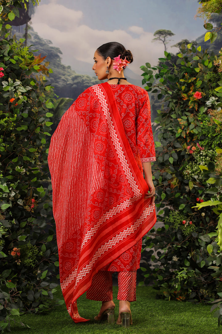 Red Bandhej Cotton Suit Set