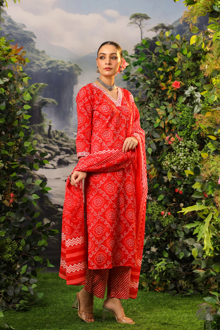 Red Bandhej Cotton Suit Set