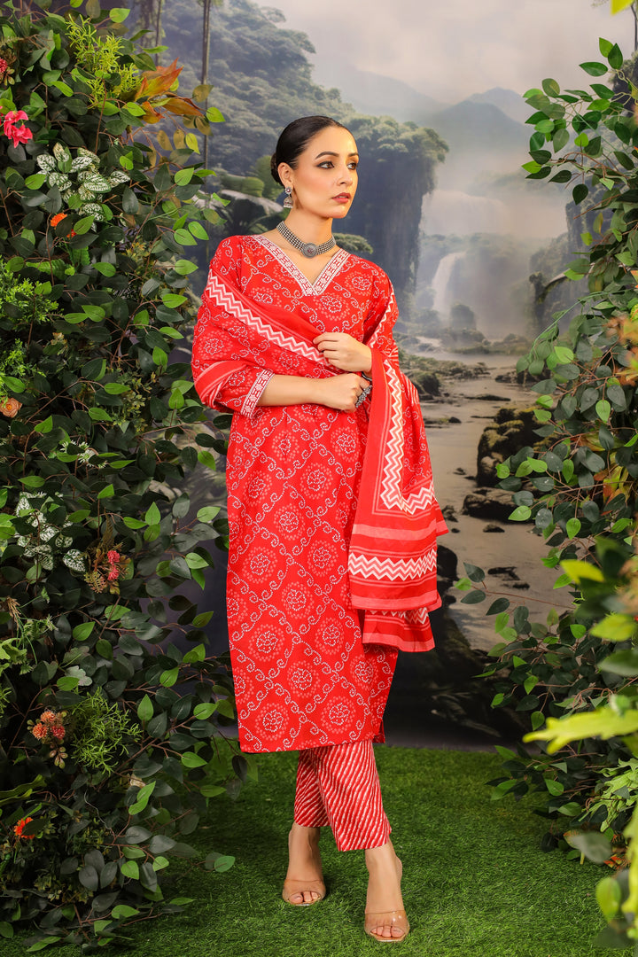 Red Bandhej Cotton Suit Set