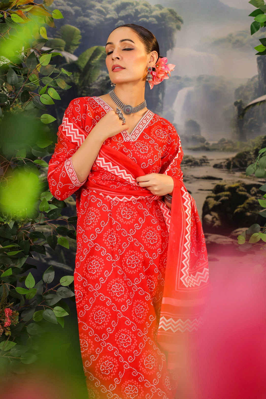 Red Bandhej Cotton Suit Set