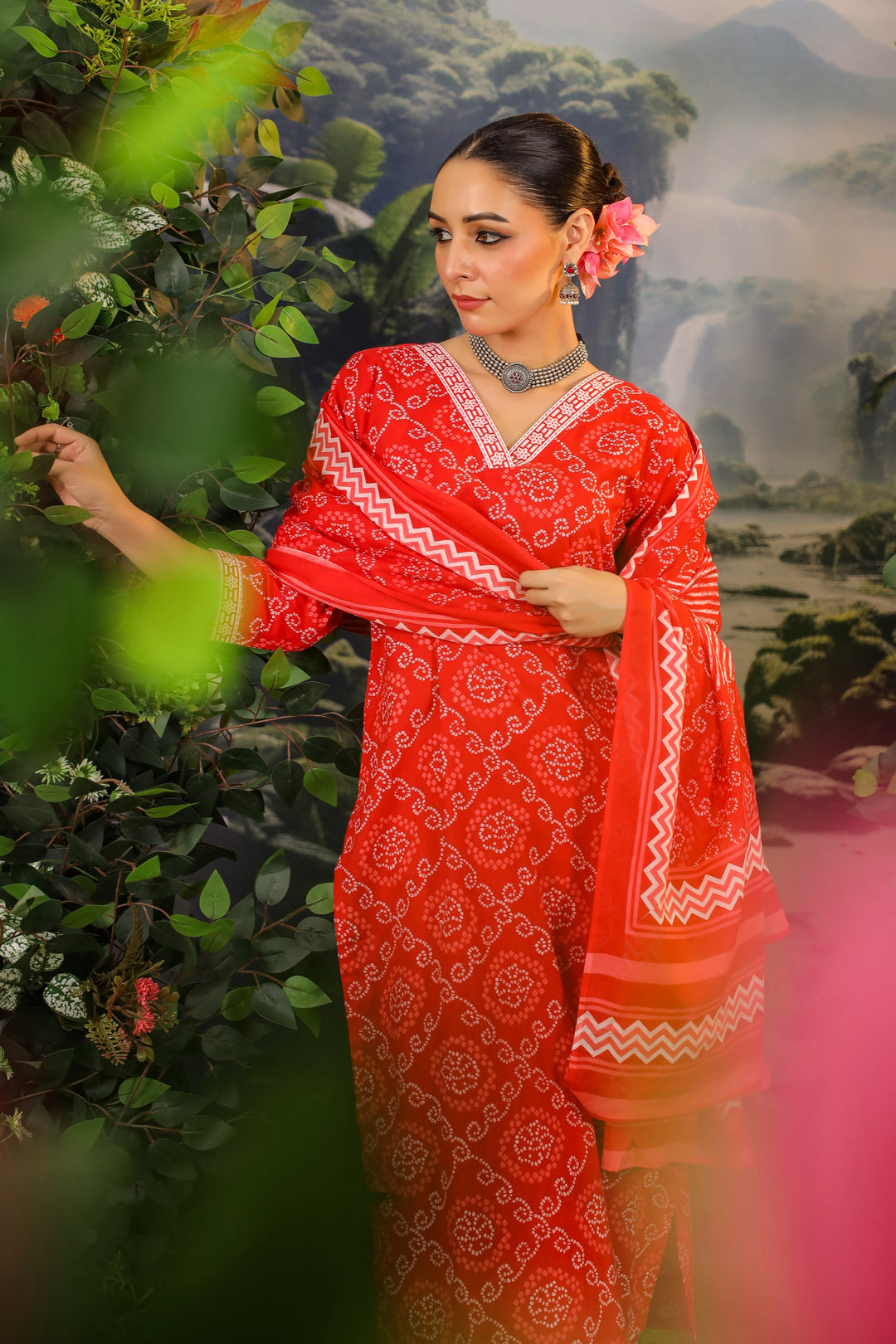 Red Bandhej Cotton Suit Set