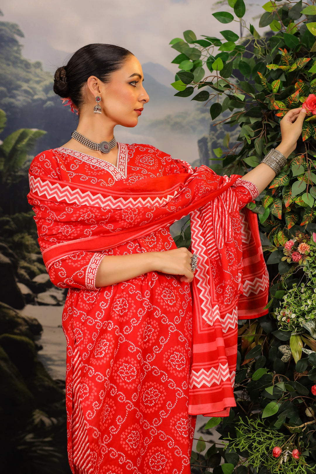 Red Bandhej Cotton Suit Set