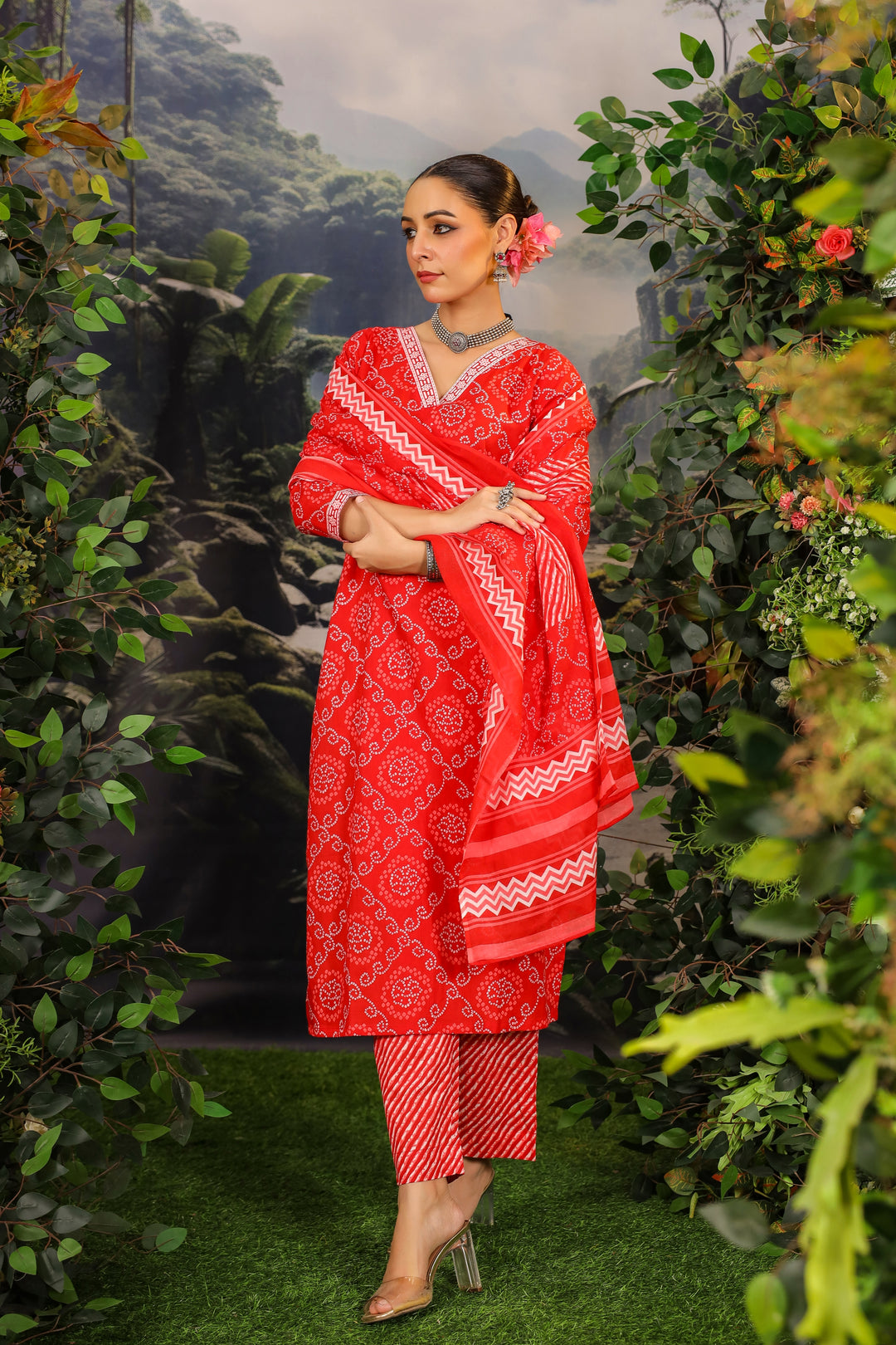 Red Bandhej Cotton Suit Set