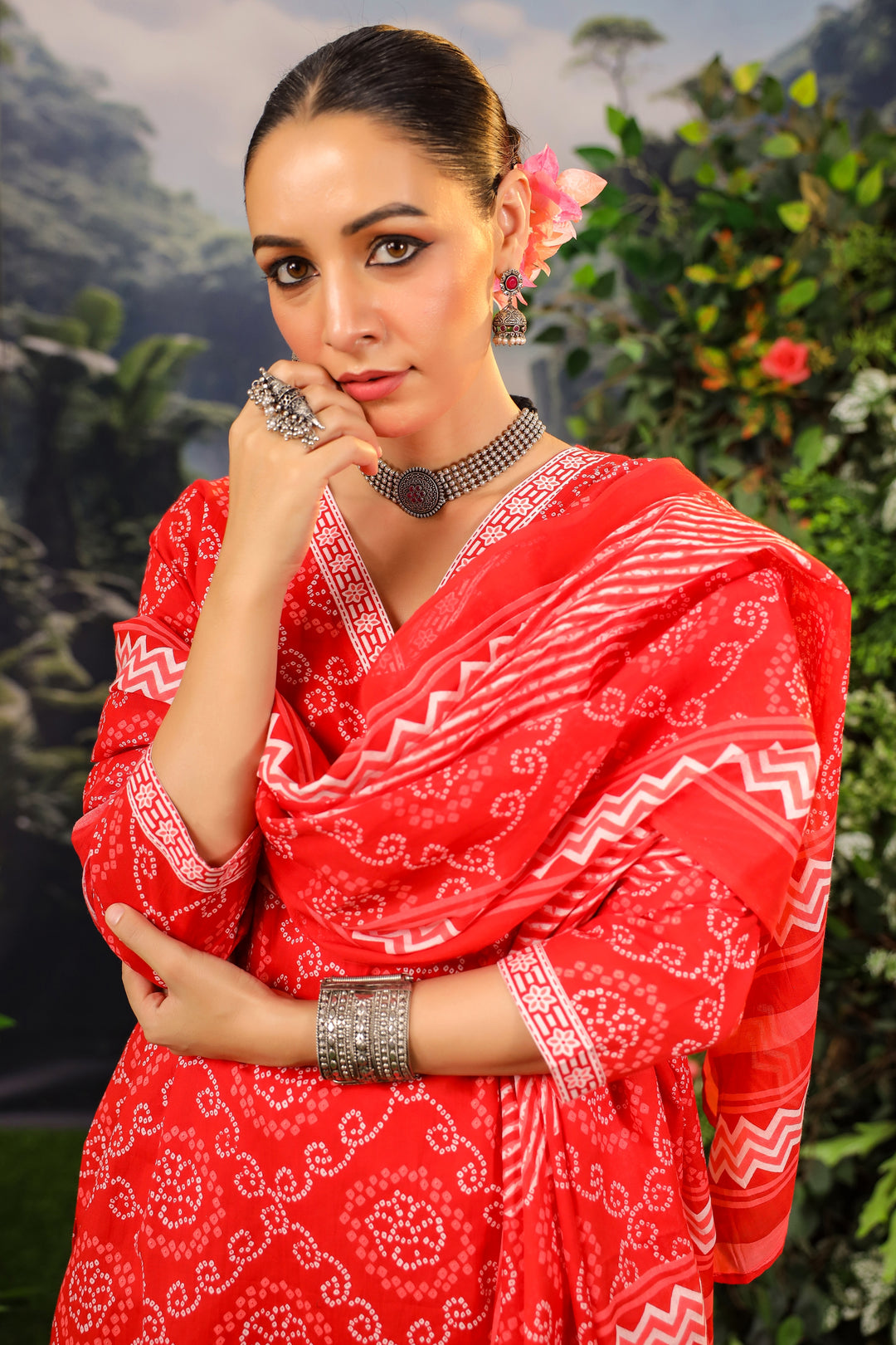 Red Bandhej Cotton Suit Set