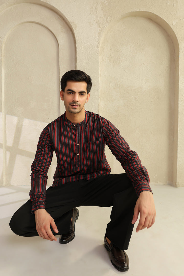 Black Red Stripe Shirt Kurta