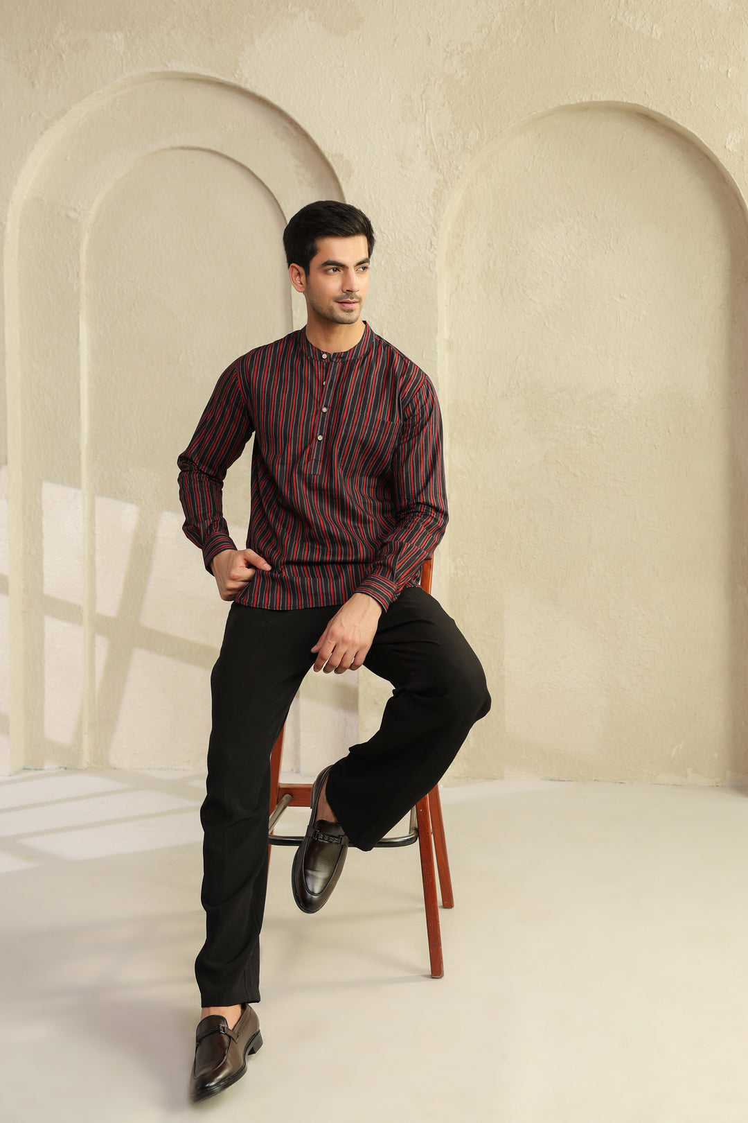 Black Red Stripe Shirt Kurta