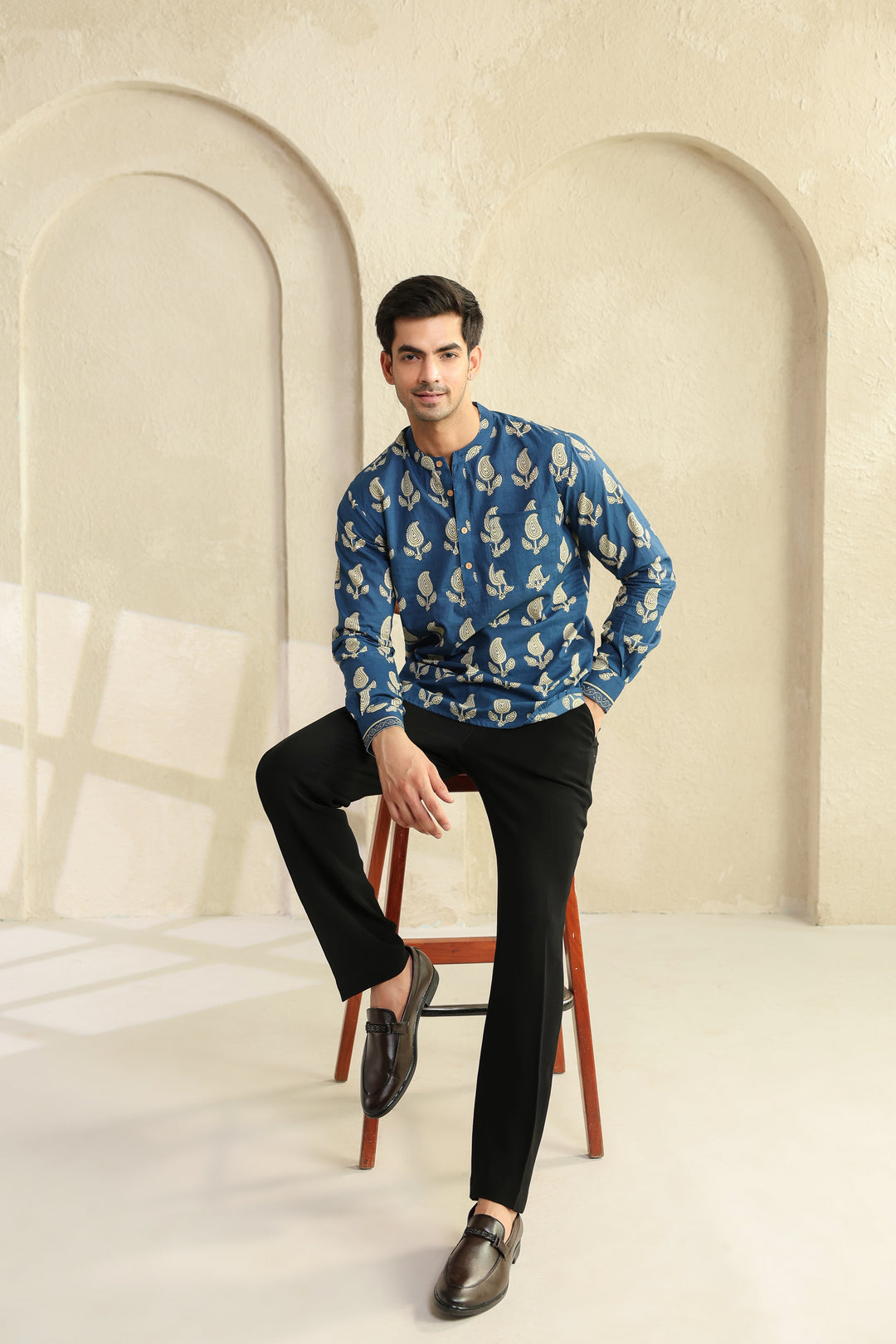 Blue Regular Cotton Shirt Kurta