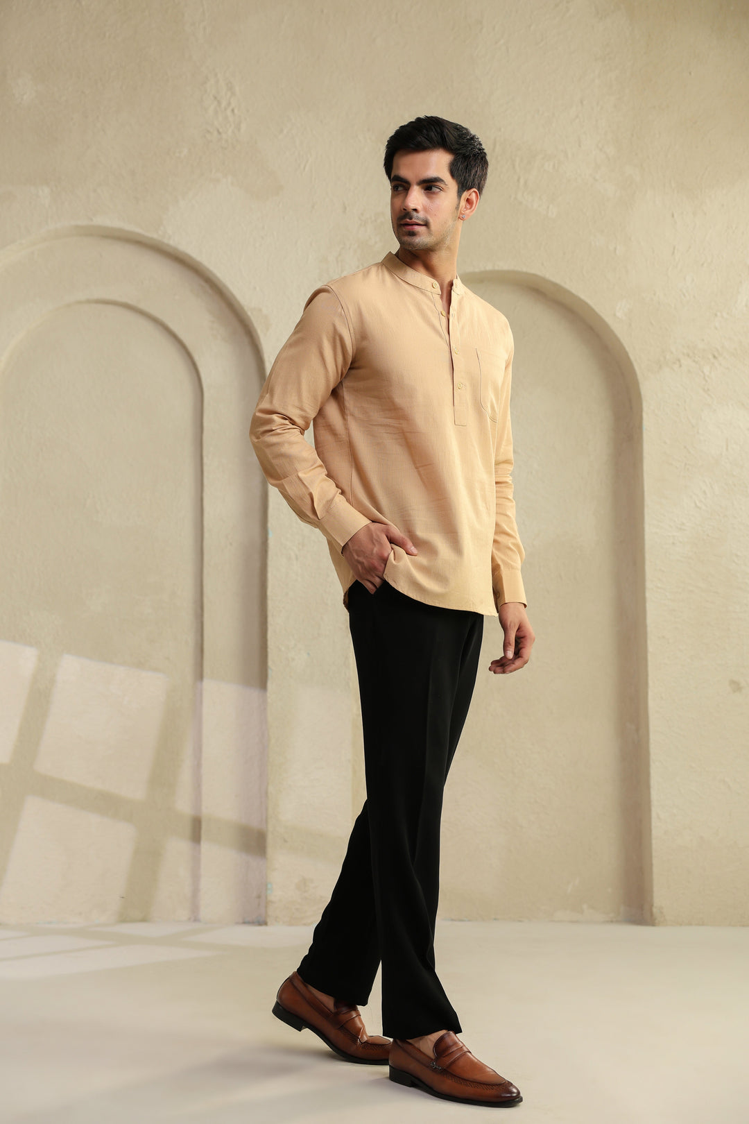 Beige Linen Blend Cotton Shirt Kurta