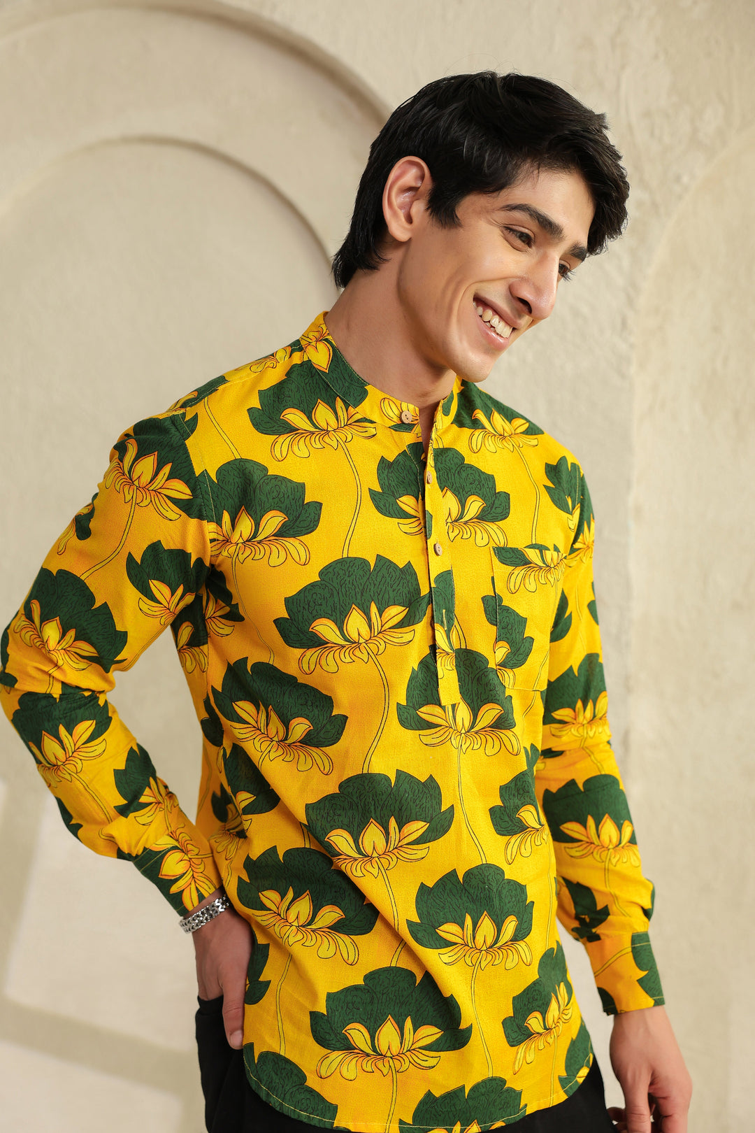 Yellow Full Sleeve Cotton Shirt Kurta