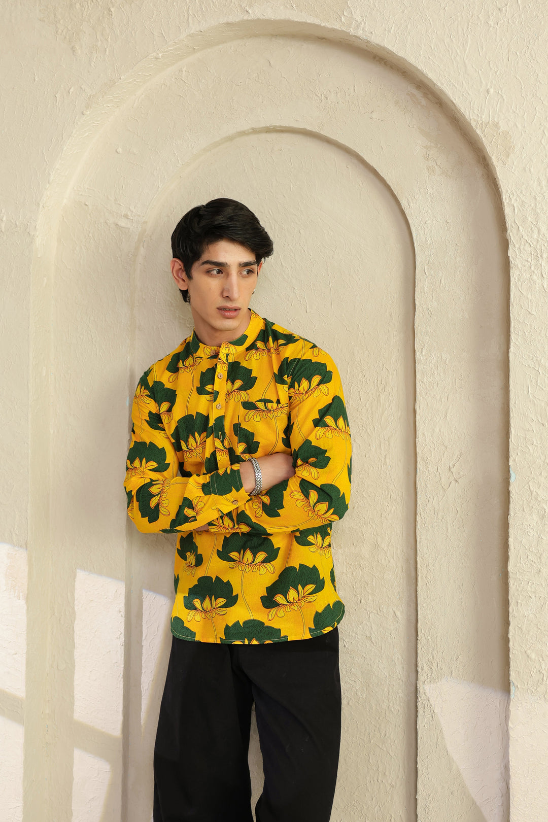 Yellow Full Sleeve Cotton Shirt Kurta