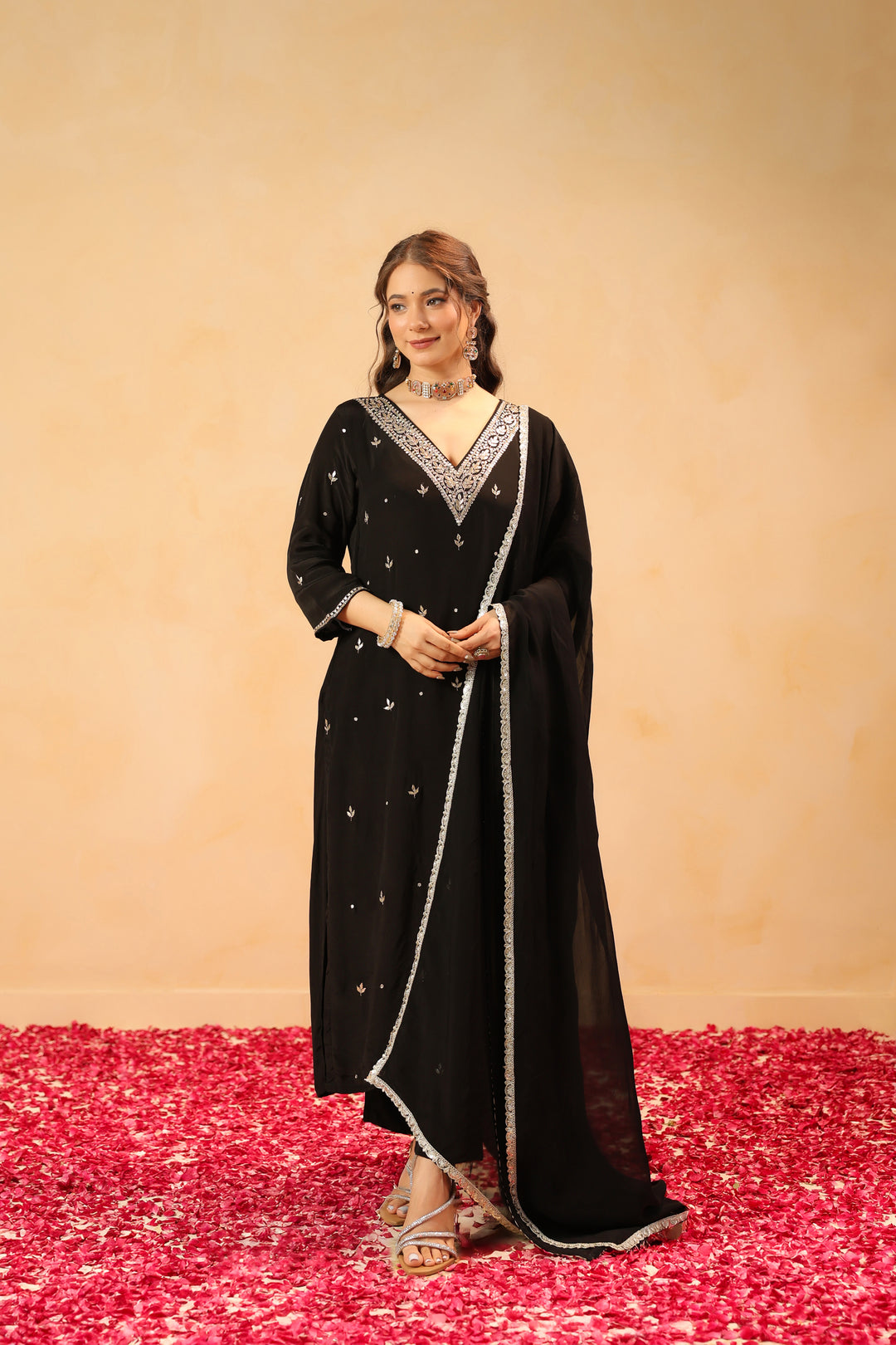 Mirza black crepe suit set