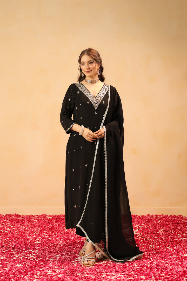 Mirza black crepe suit set
