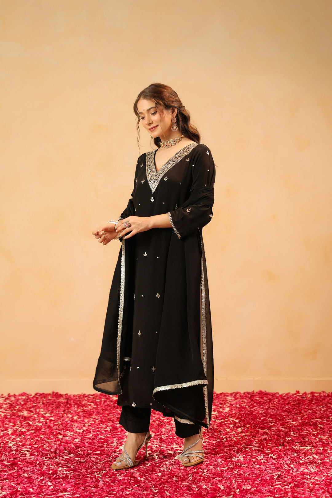 Mirza black crepe suit set