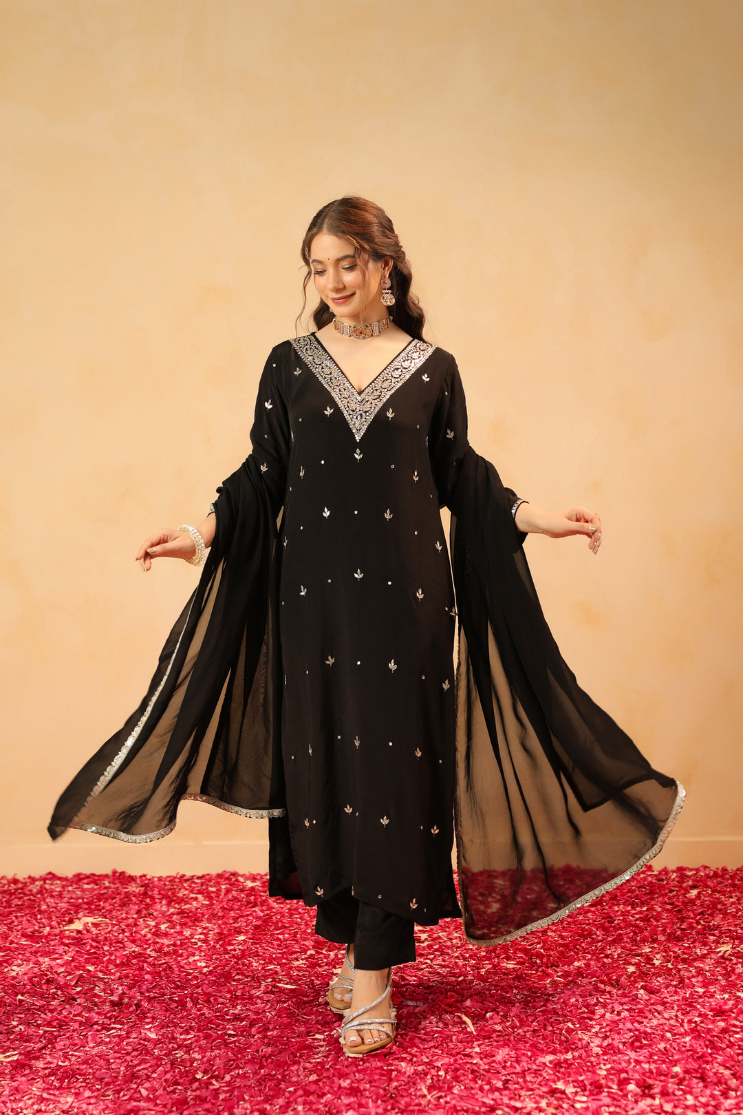 Mirza black crepe suit set