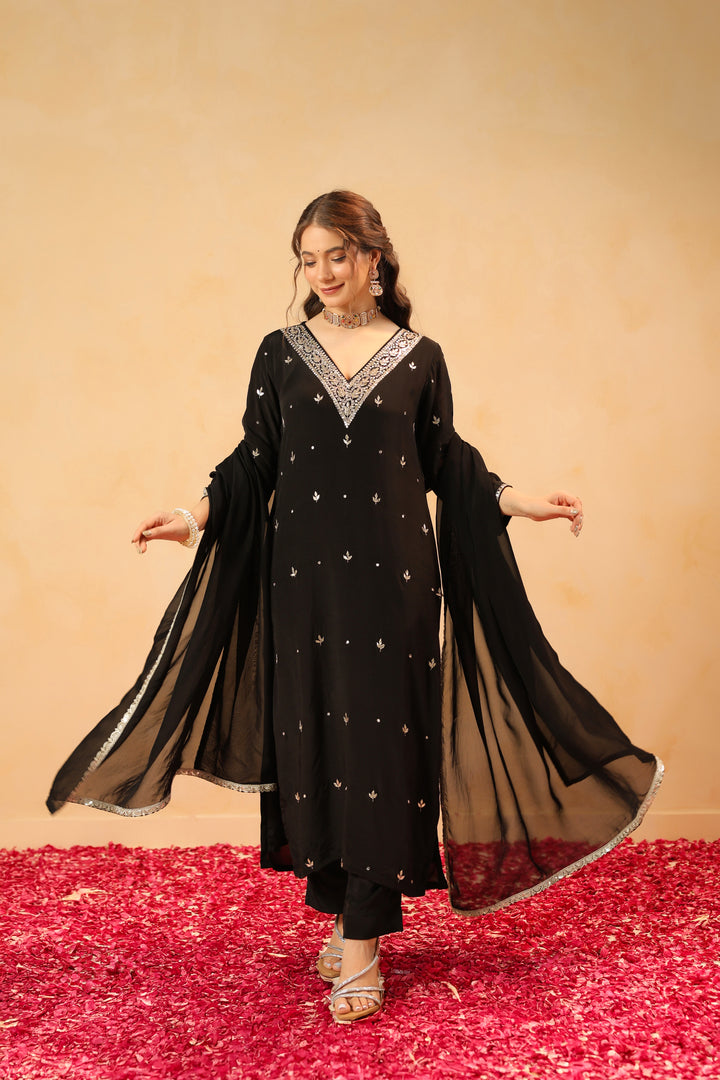 Mirza black crepe suit set