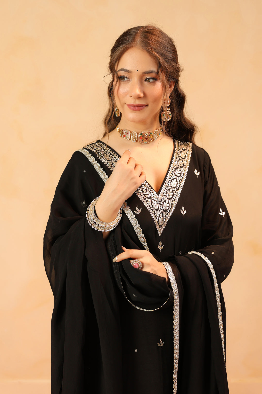 Mirza black crepe suit set