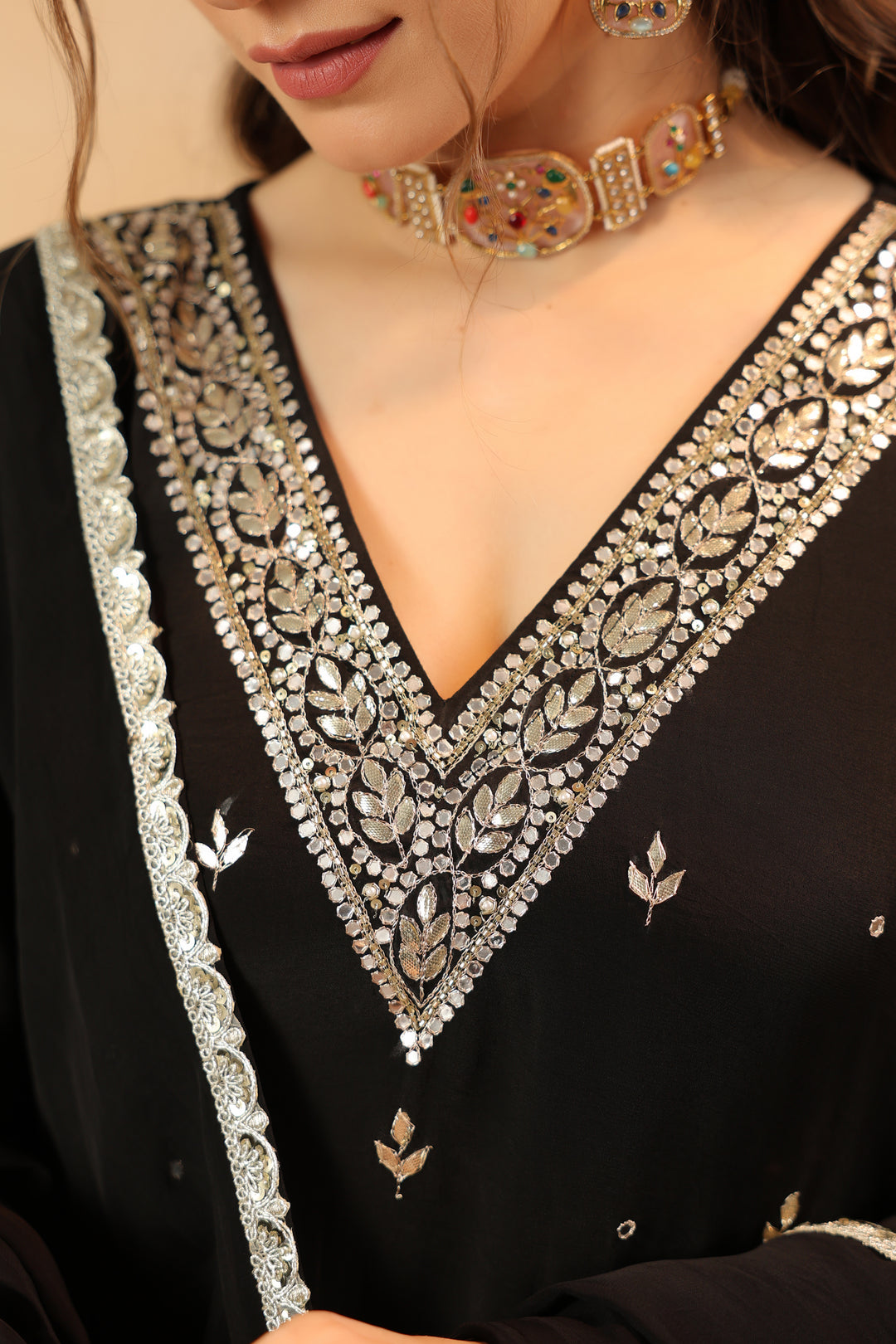 Mirza black crepe suit set