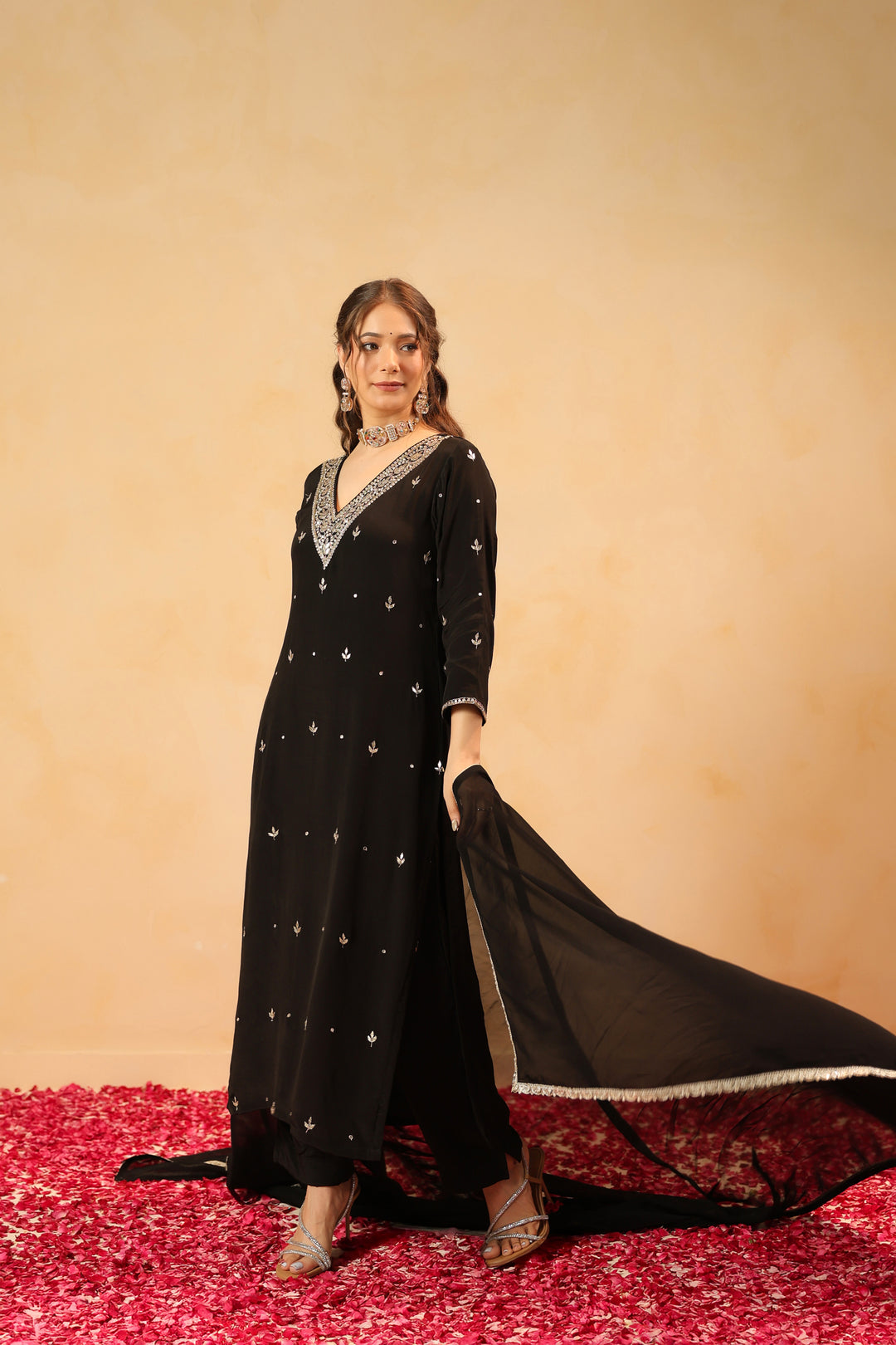 Mirza black crepe suit set