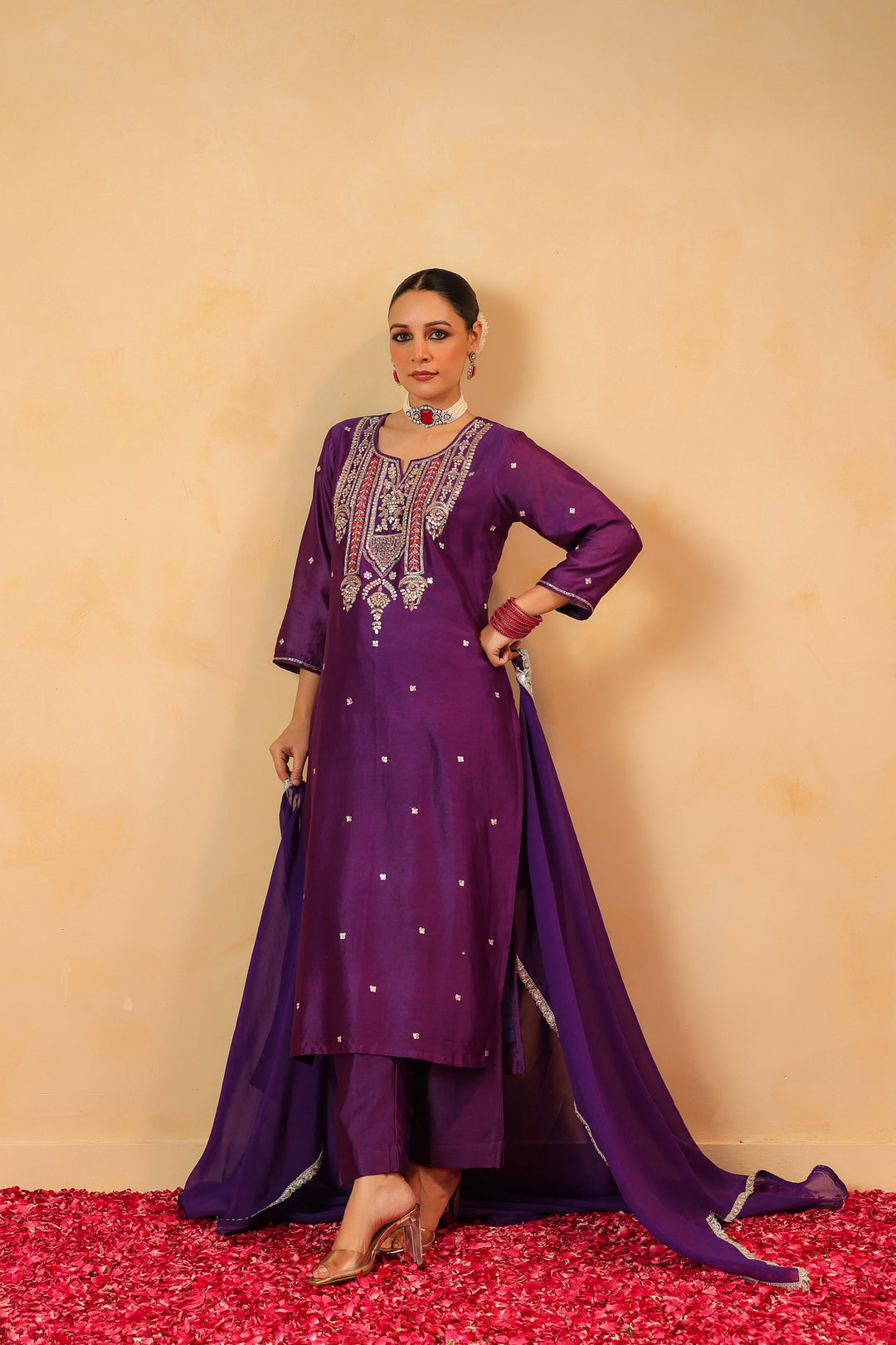 Dhairya Violet chanderi suit set