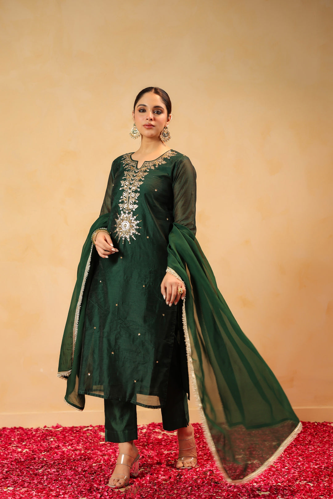 Rizwana Green Chanderi Suit Set