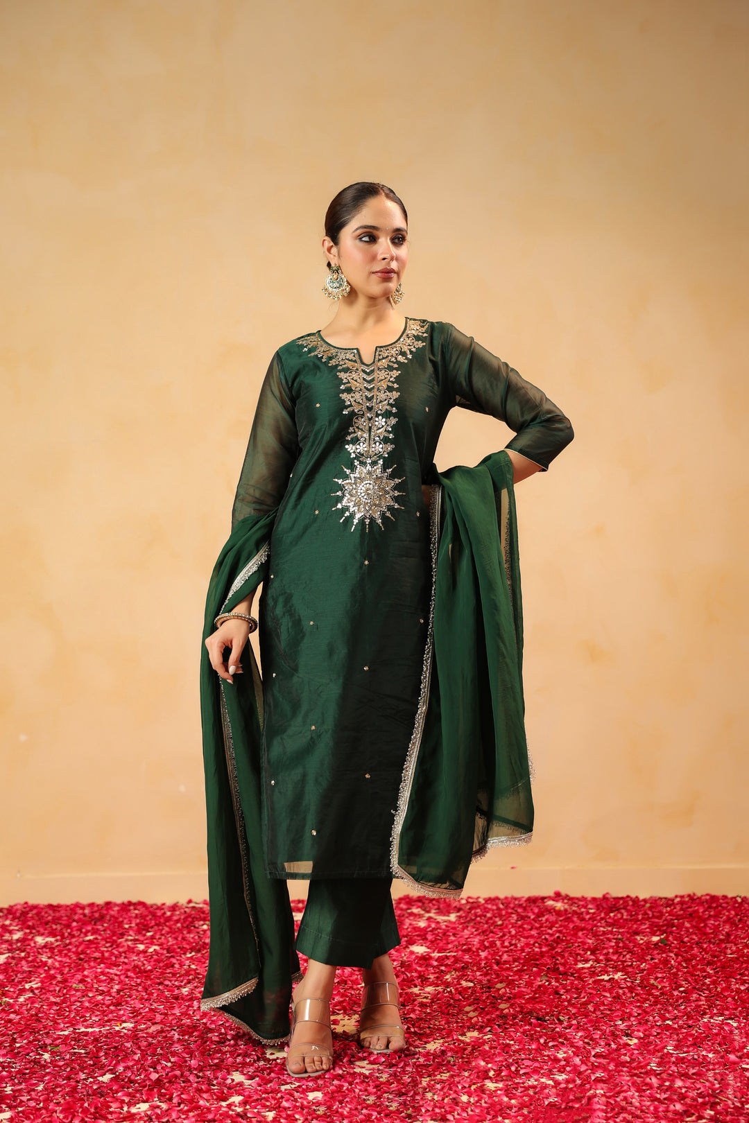 Rizwana Green Chanderi Suit Set