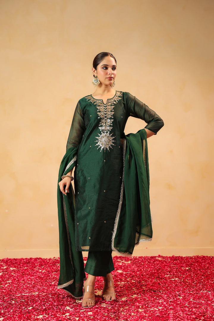 Rizwana Green Chanderi Suit Set
