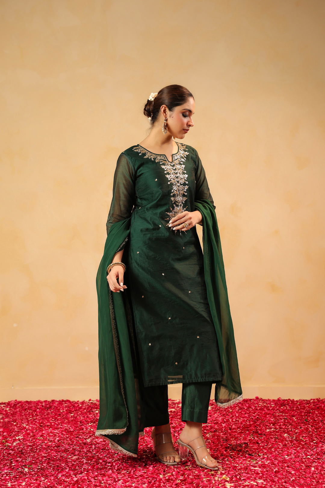 Rizwana Green Chanderi Suit Set