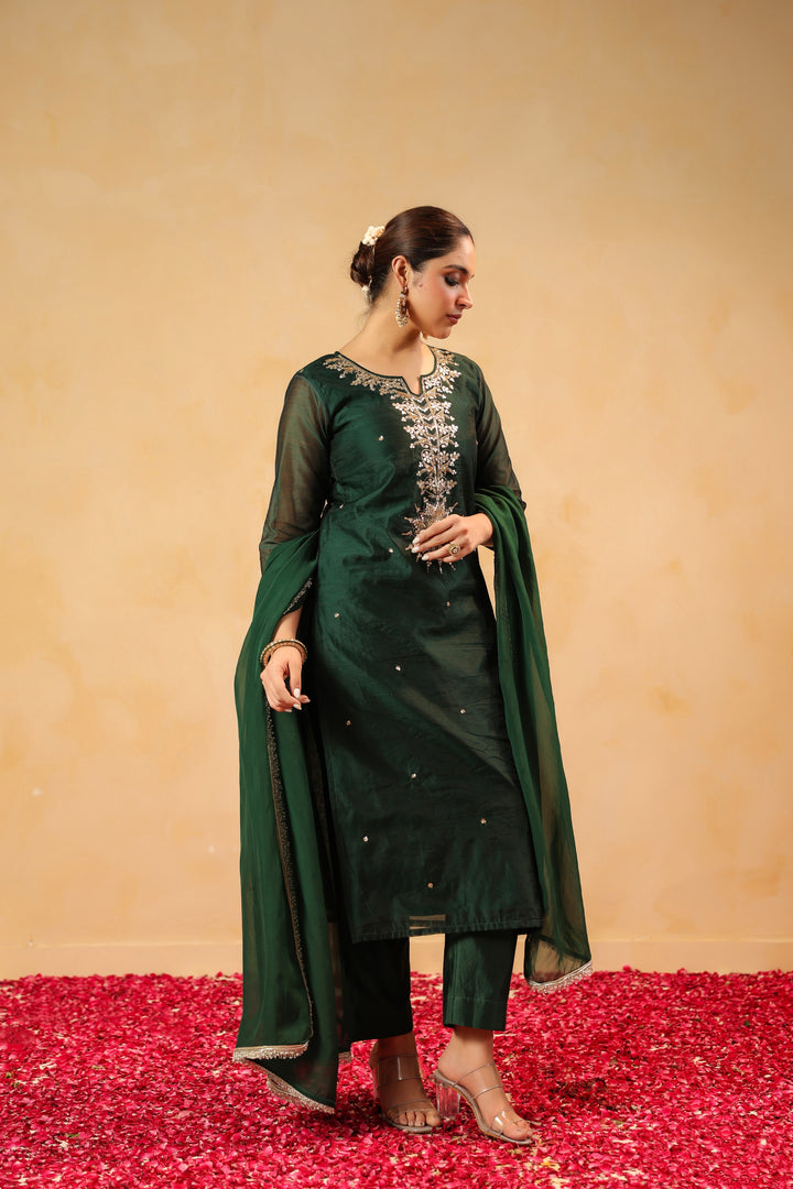 Rizwana Green Chanderi Suit Set