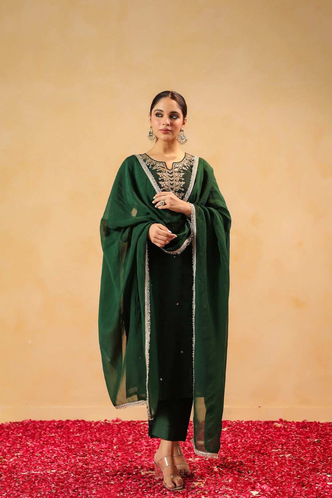 Rizwana Green Chanderi Suit Set