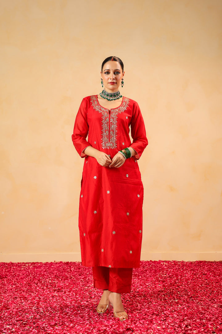 Raahi red chanderi suit set