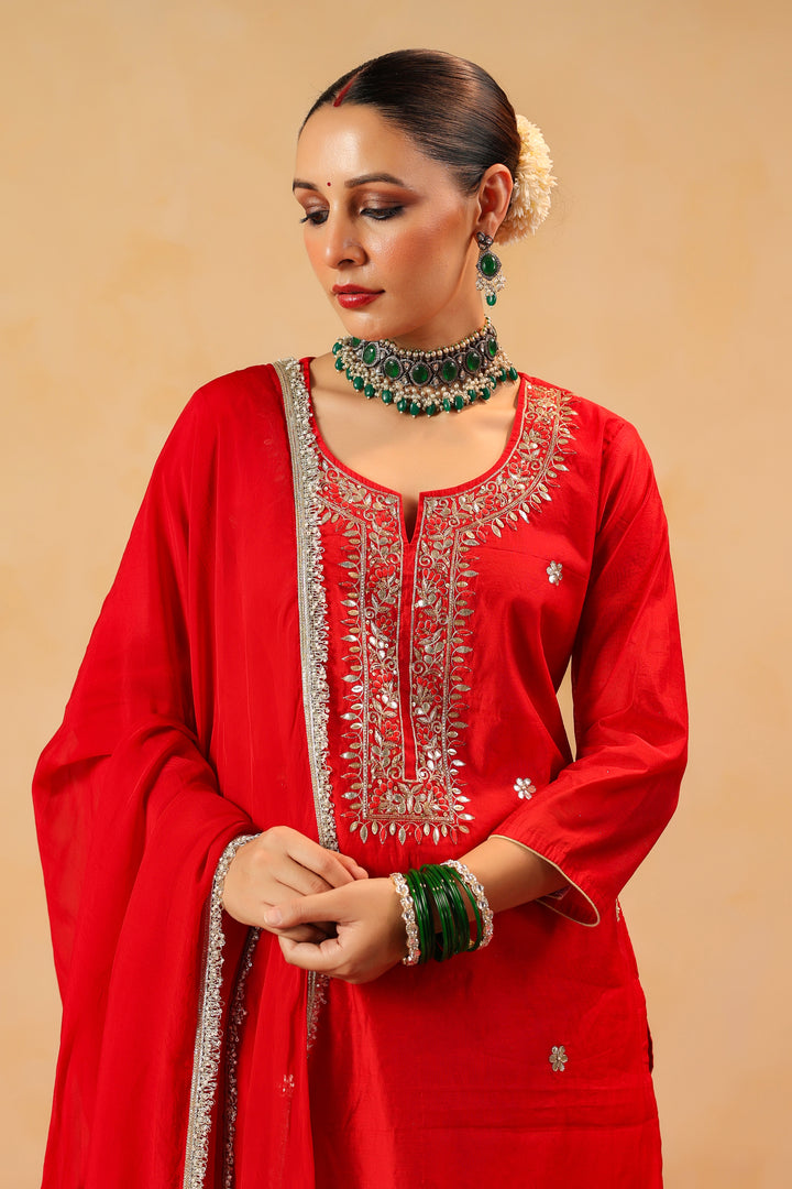 Raahi red chanderi suit set