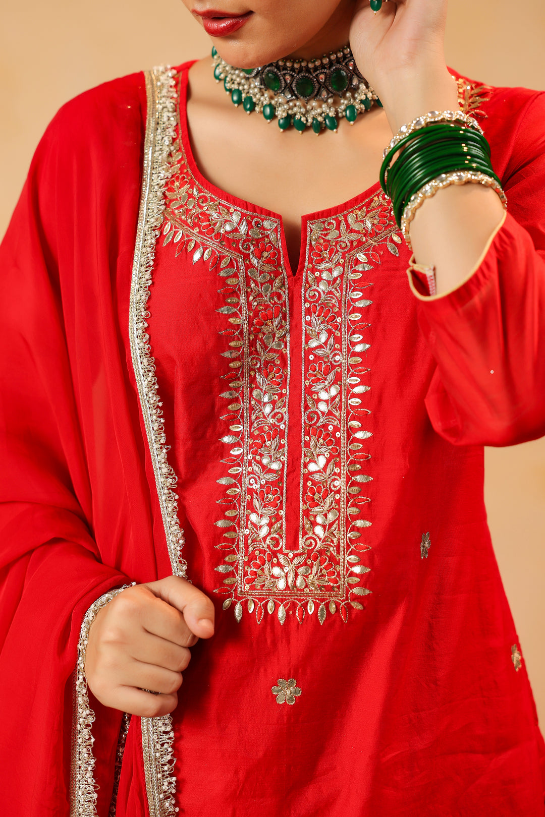 Raahi red chanderi suit set