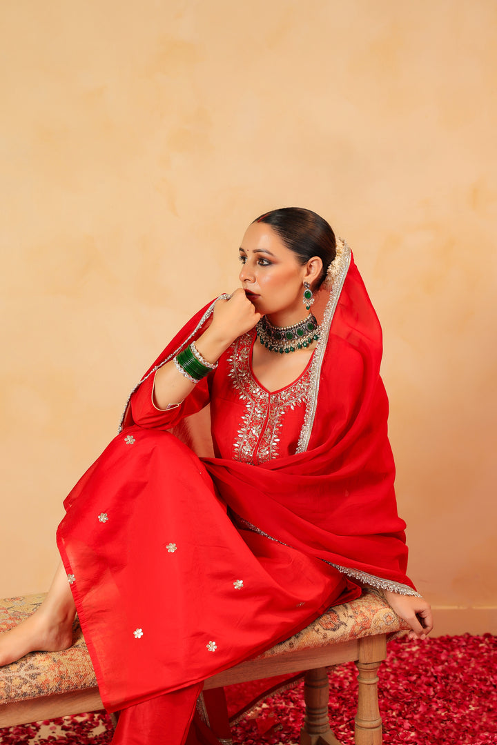 Raahi red chanderi suit set