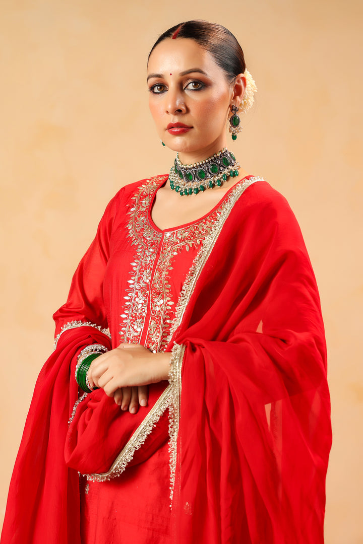 Raahi red chanderi suit set