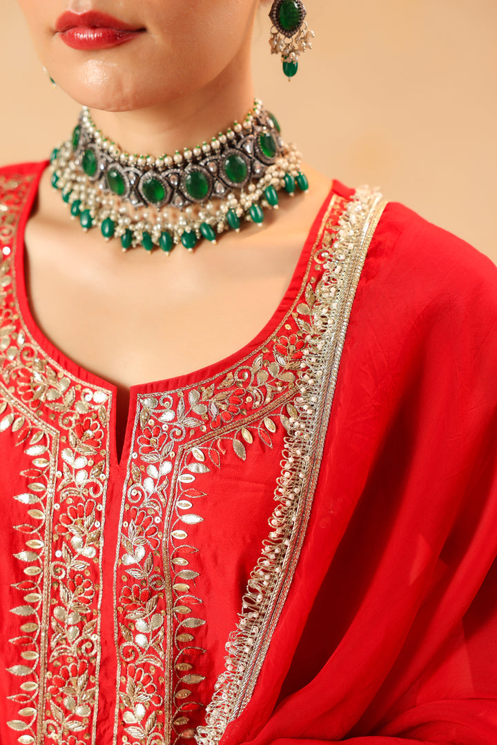 Raahi red chanderi suit set