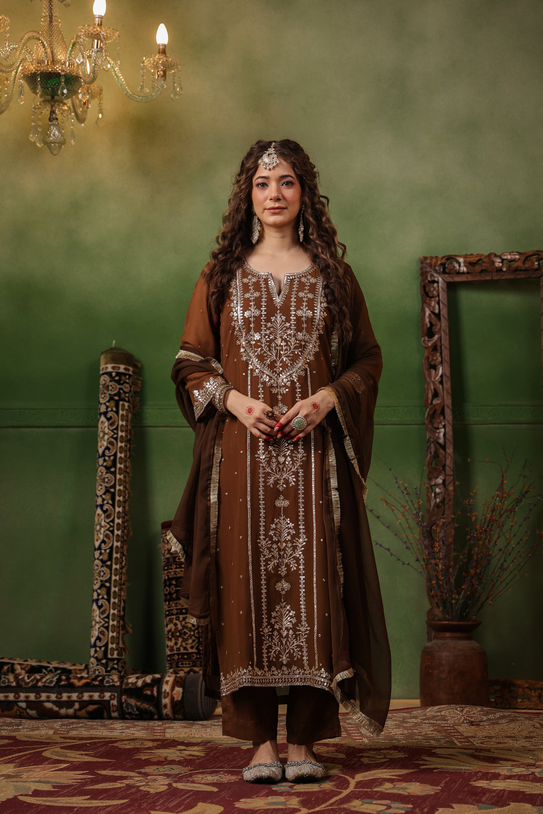 Brown Georgette Aari Suit Set